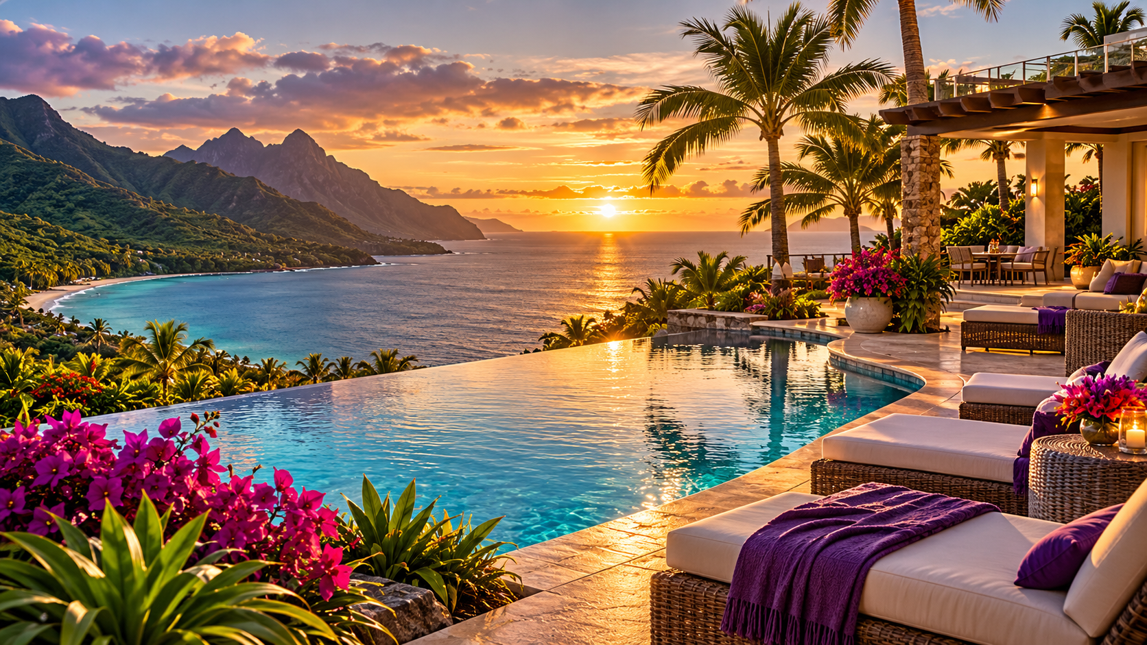 Infinity pool overlooking tropical mountains and the ocean at sunset